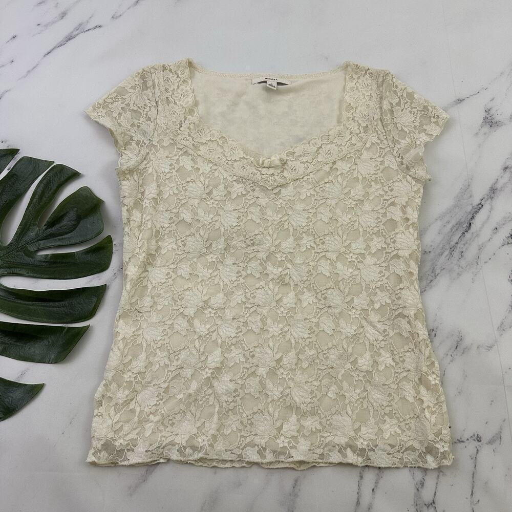 Merona Womens Vintage Y2k Cream Lace Top Size L Bow Trim Cap Sleeve Floral